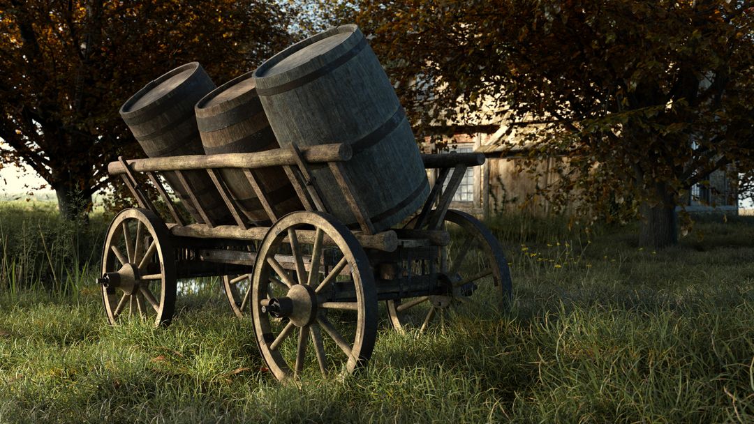 Wooden Wagon and Barrels