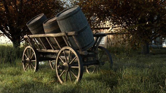 Wooden Wagon and Barrels