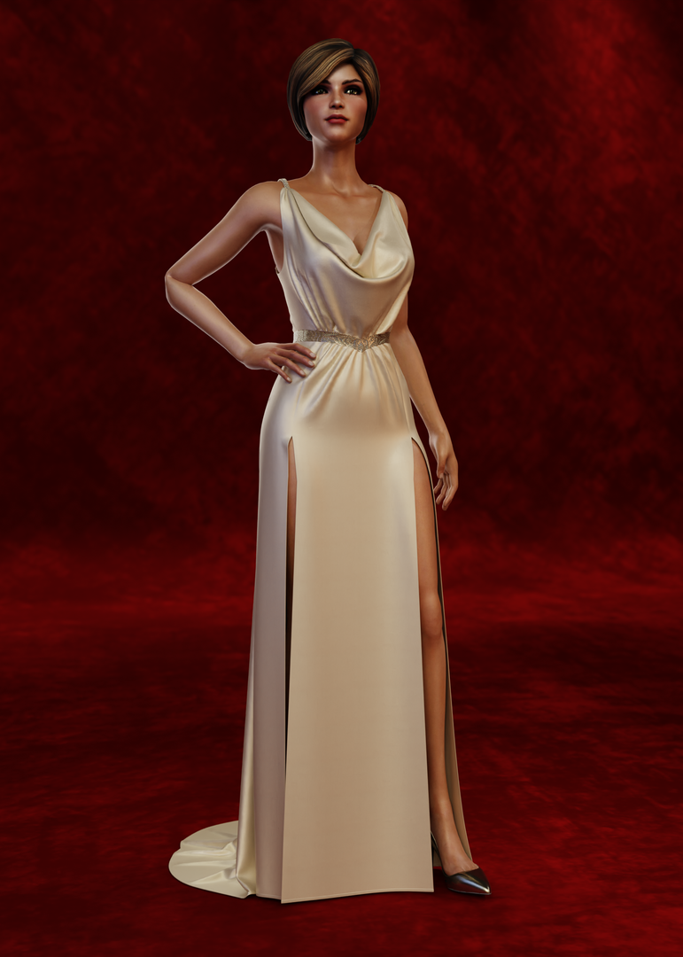 Cowl neckline wedding dress with embroydery and chains