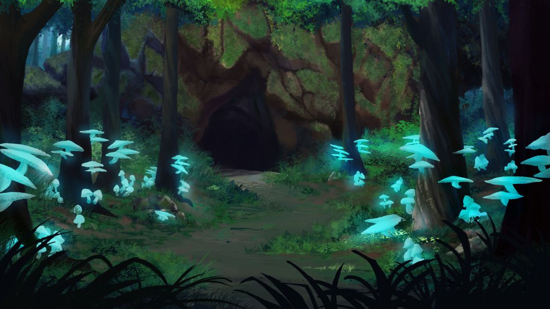 A forest with shining mushroom