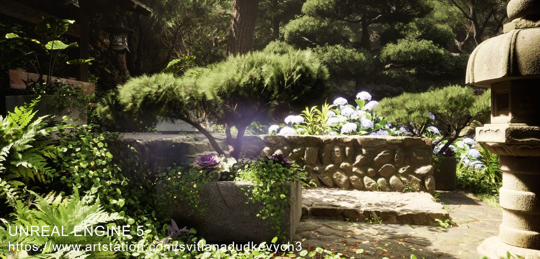 Cozy Gazebo for Relaxation in Japanese Garden. UNREAL ENGINE 5
