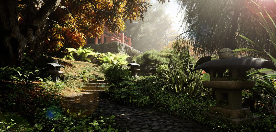 Stone Paths in Japanese Garden. Unreal Engine 5