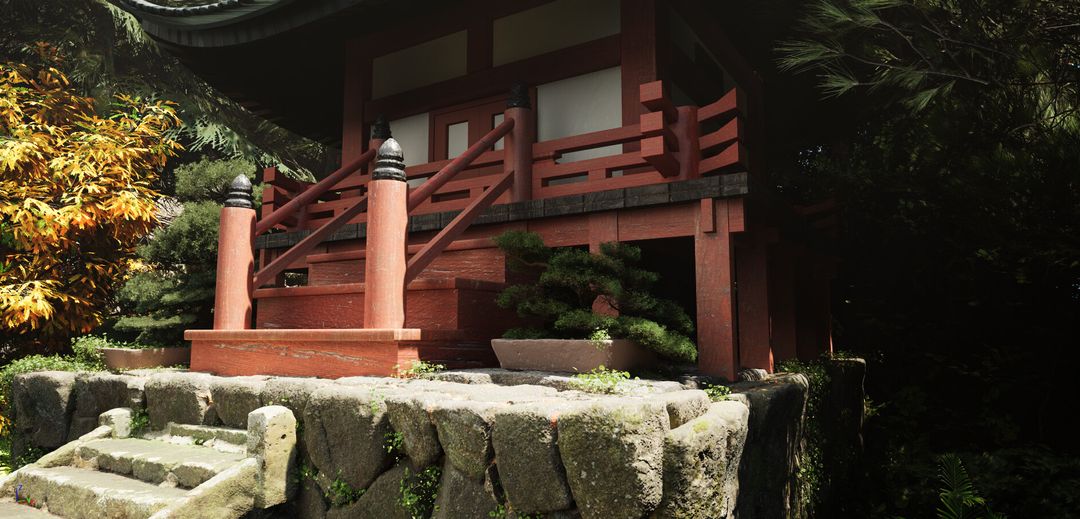 Vibrant Colors of Japanese Garden. A big 3D Environment with traditional architecture and elements.