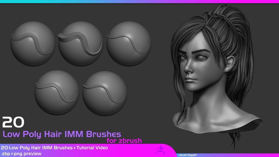 20 low poly hair imm brush for zbrush