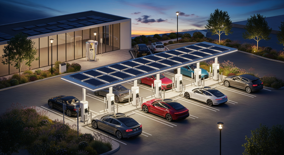 Photoreal EV Charge Hub Concept — Solar-Canopy Station Renders