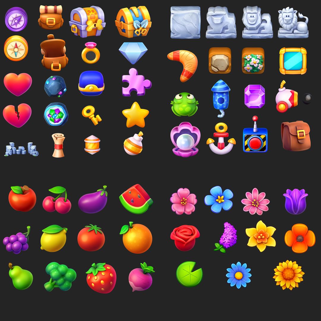 Casual Stylized 3D Icons – Treasure Party UI & Tile-Tap Items