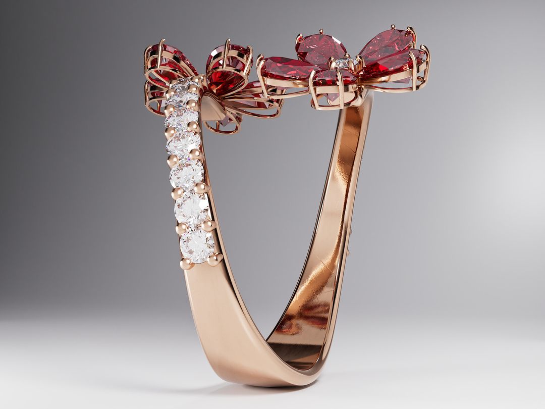 Doppio Fiore – Jewelry CGI Recreation | Rose Gold, Ruby & Diamond | Blender & Octane Render