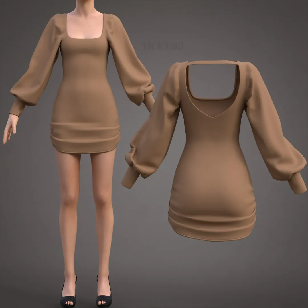 Puff Sleeve Open Back Mini Dress - 3D Clothing Model