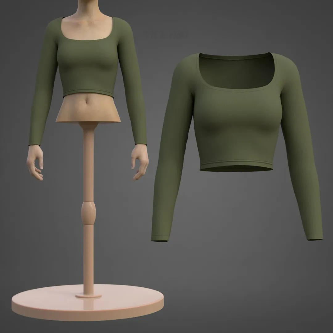 Long Sleeve Square-Neck Crop-Top 3D Clothing