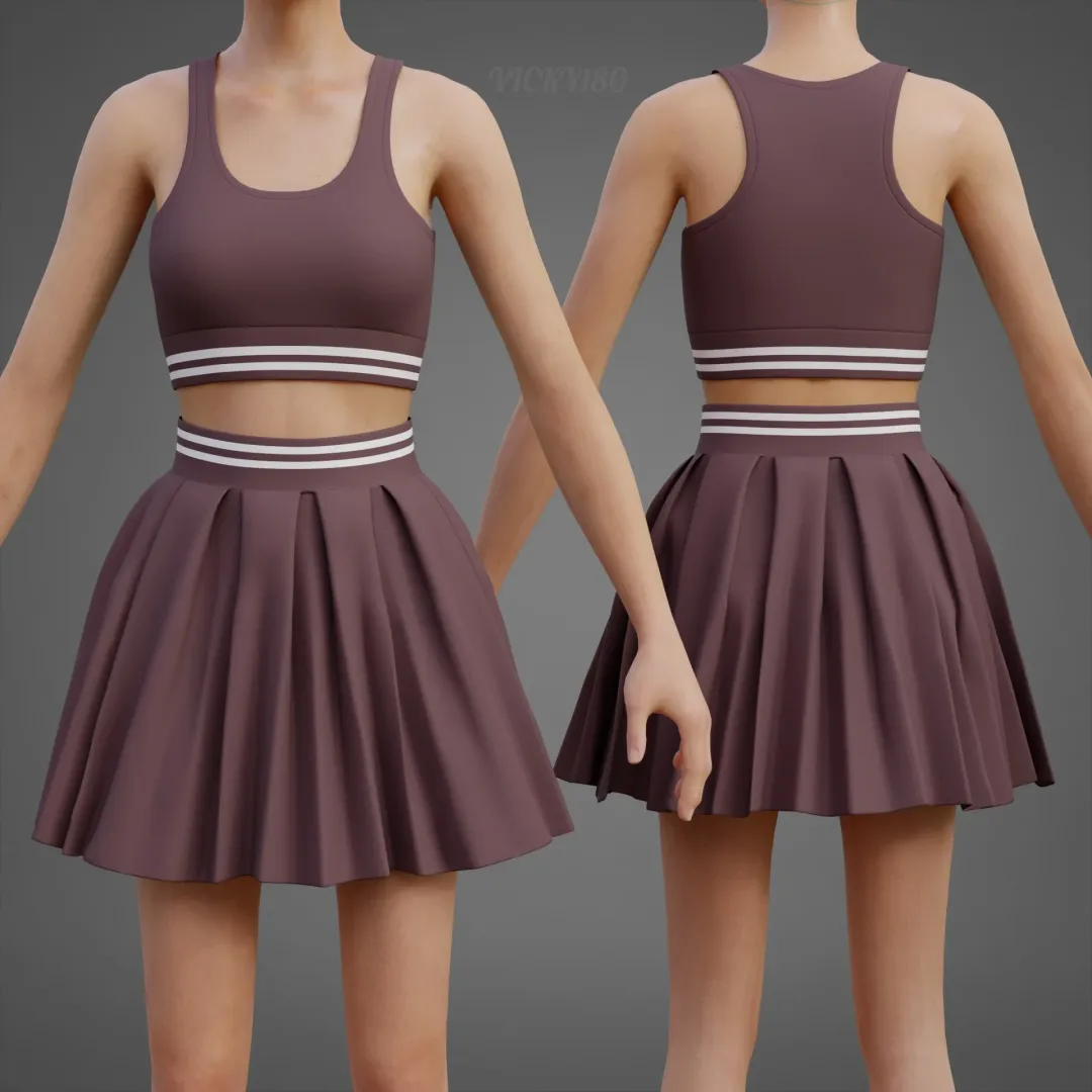 Two Piece Sports wear Outfit - Sports Bra Tank Top & Pleated Skater Skirt 3D Clothing