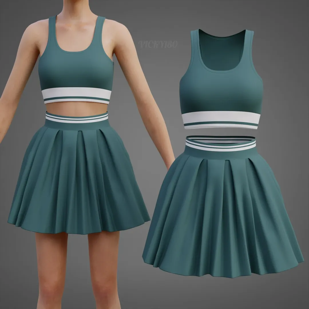 3D Sports Wear Outfit Set – Tank Top and Pleated Mini Skirt Clothing