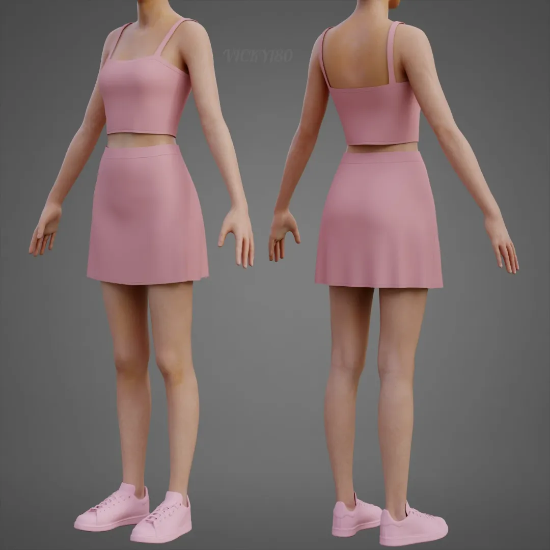 Two-Piece Summer Outfit Set – Spaghetti Strap Crop Top & Mini Skirt 3D Clothing Asset