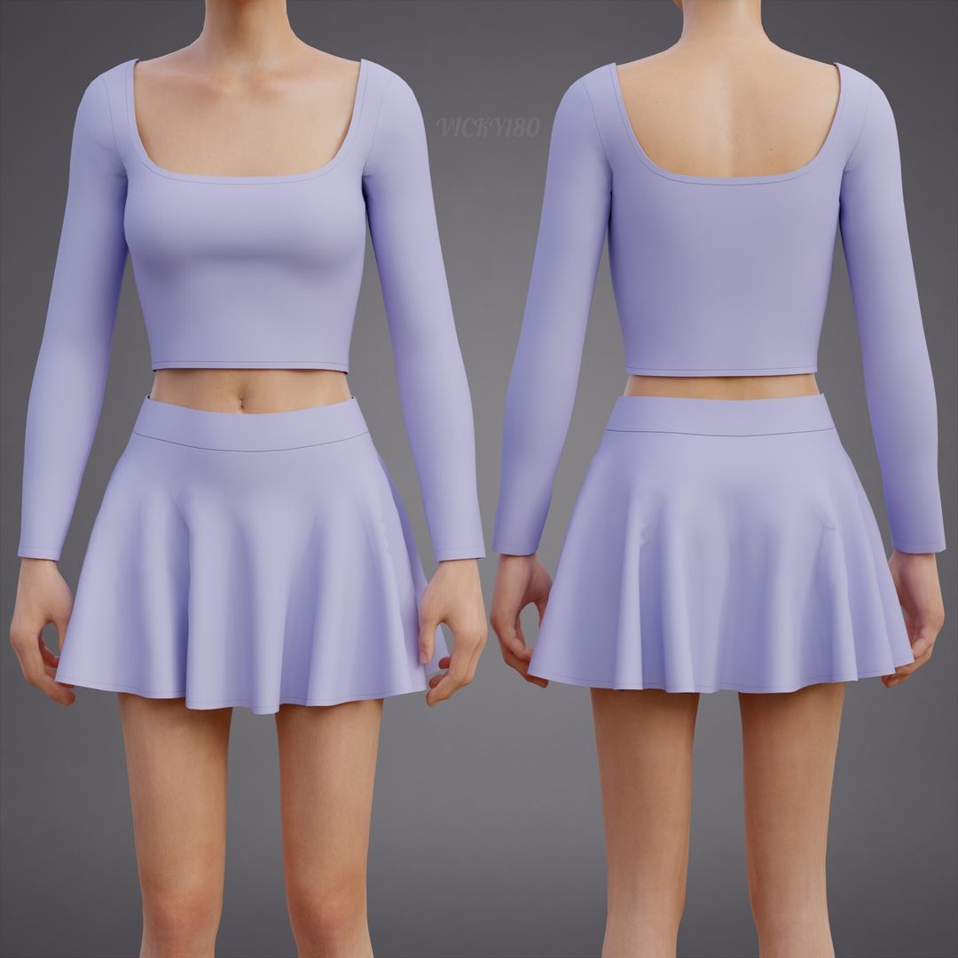 Two-Piece Tennis Fashion Set - Square Neck Crop Top Circle Mini Skirt 3D Outfit
