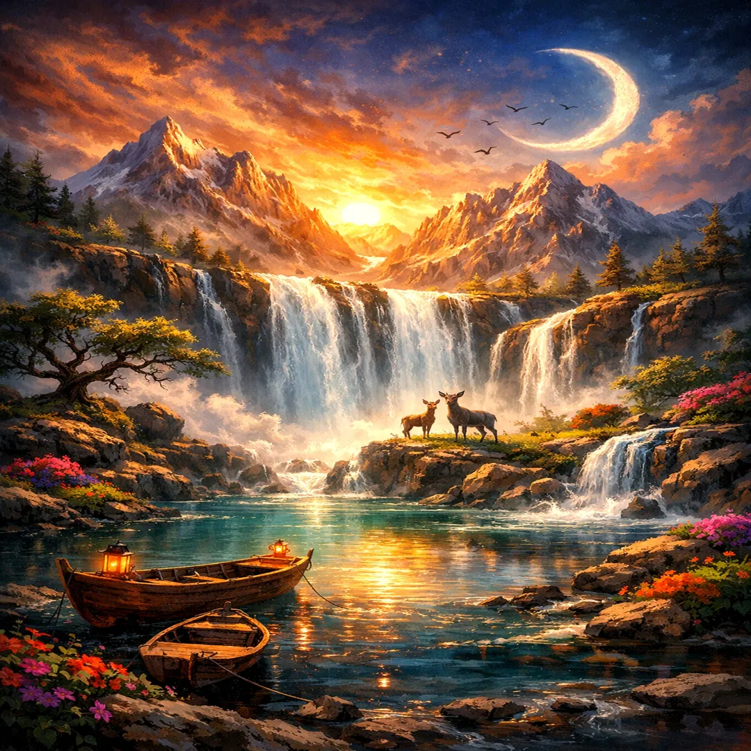 Moonlit Mountain Waterfall at Golden Sunset