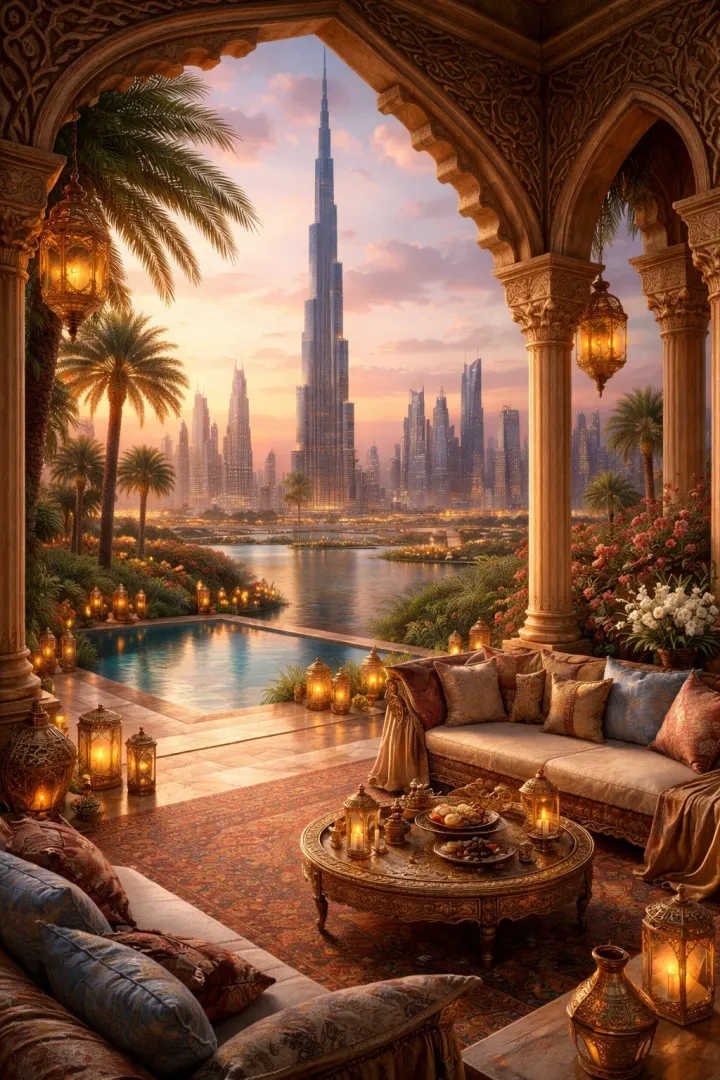 Luxury Dubai Terrace with Burj Khalifa View – Sunset Elegance