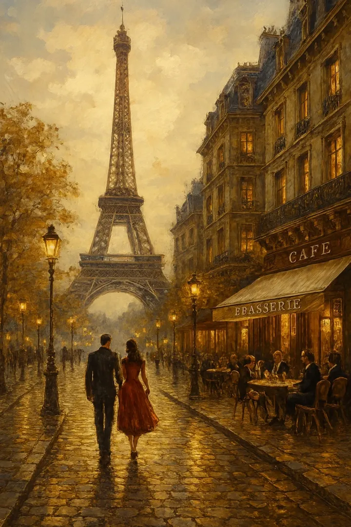 Romantic Paris Street Scene with Eiffel Tower at Dusk