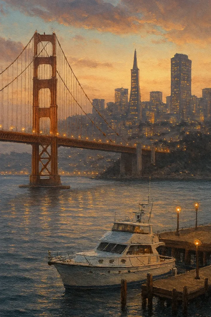 Golden Gate Bridge Sunset Painting – San Francisco Skyline & Yacht View