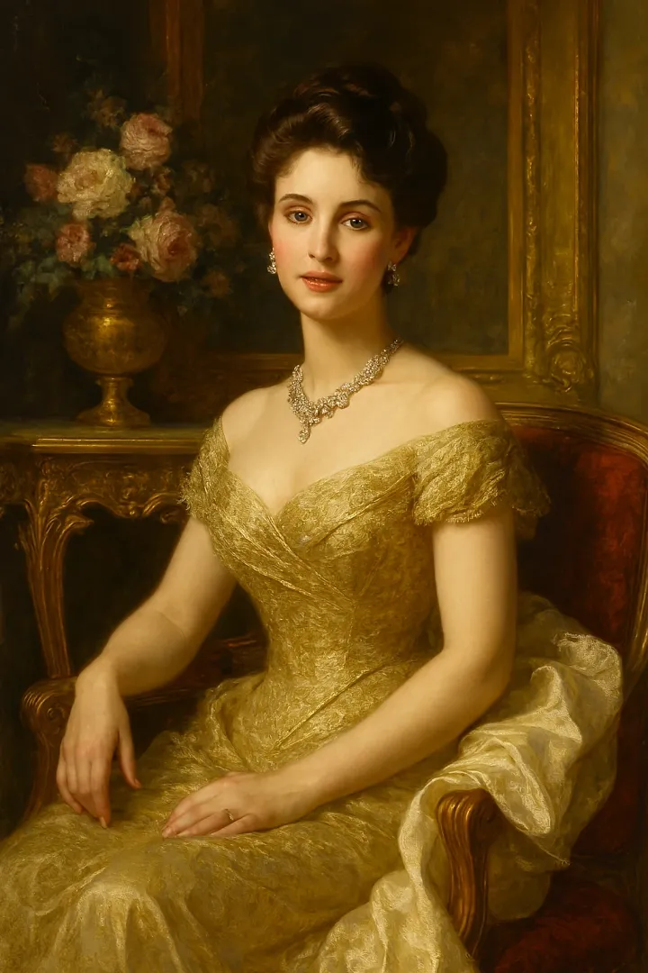 Elegant Golden Gown Portrait – Classical Oil Painting