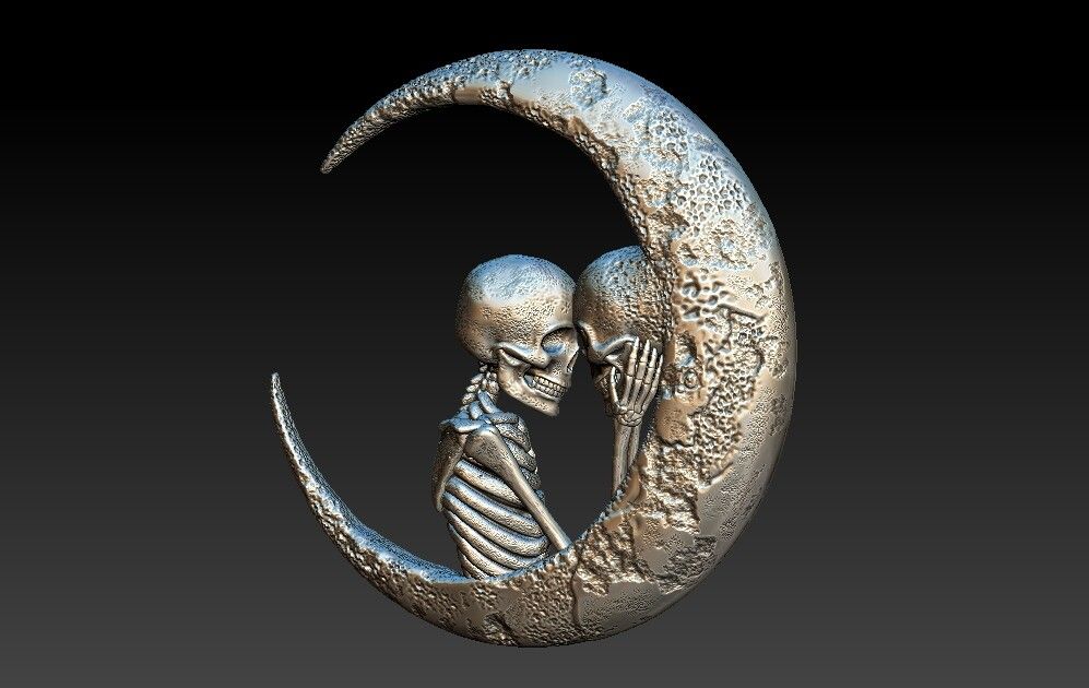 To the Moon and Back. Art Print. Dark romantic, skeleton moon, skull art