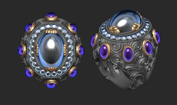 Vintage Style Ring with Cabochon and Accent Stones
