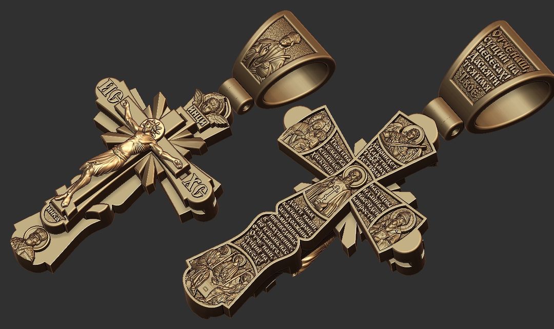 Orthodox Crucifix Pendant with Prayers and Icons – Gold