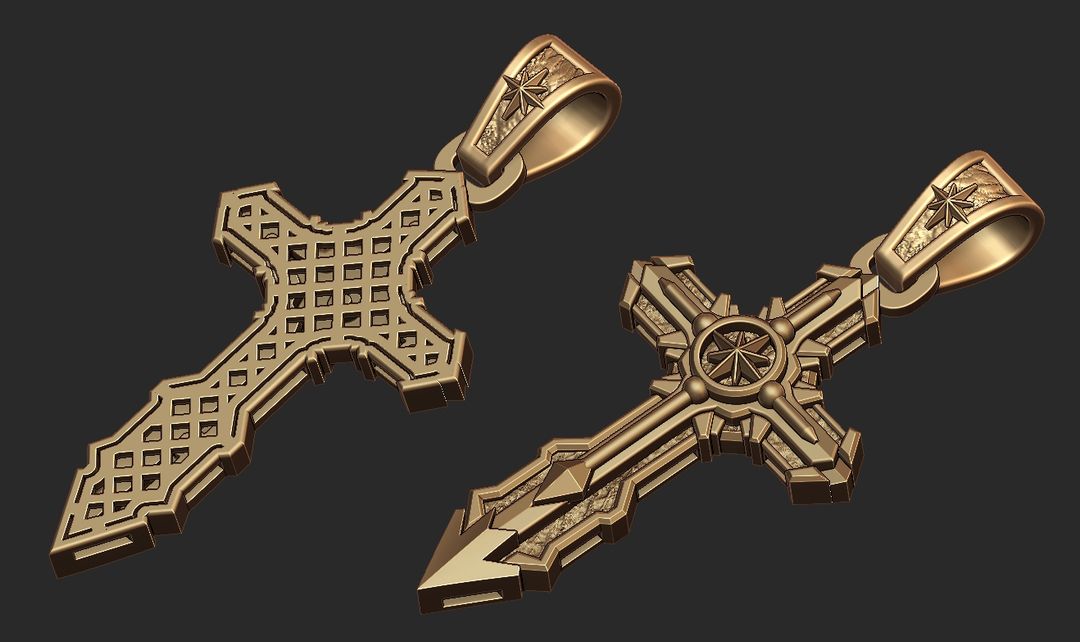 Gothic Cross Pendant with Grid Pattern and Star – Gold