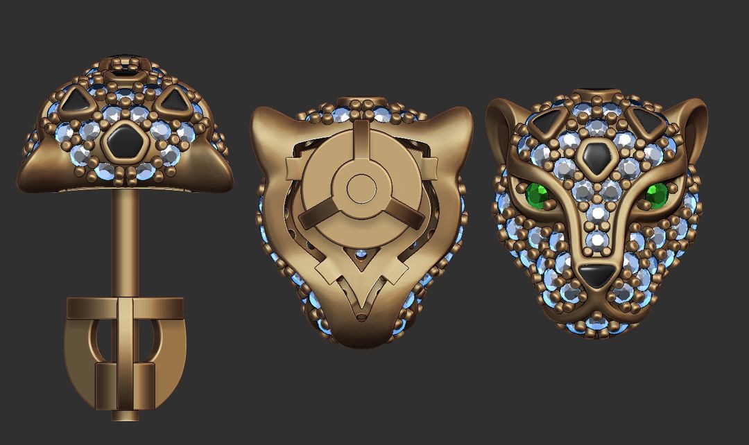Panther Head Stud Earrings with Gemstones – Gold