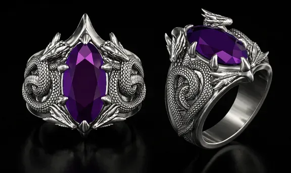 Fantasy Dragon Ring with Amethyst – Silver