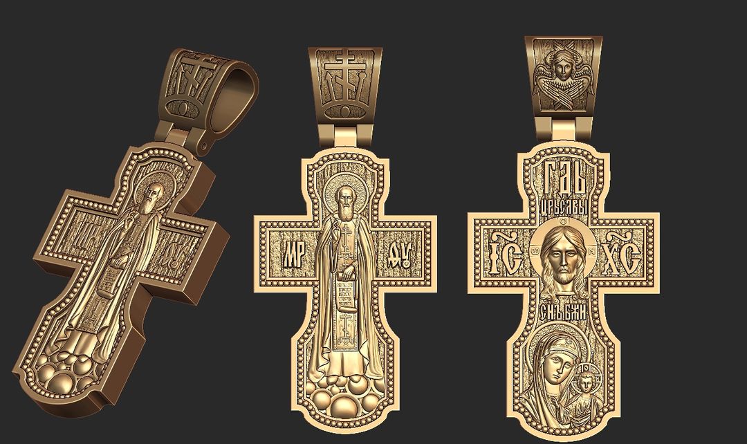 Orthodox Cross Pendant with Icons and Prayers – Gold