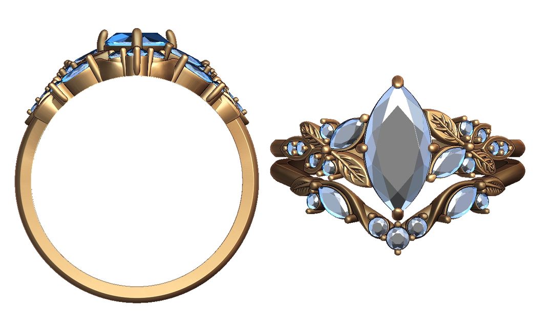 Two-Piece Ring with Marquise Gemstone and Accent Stones – Gold