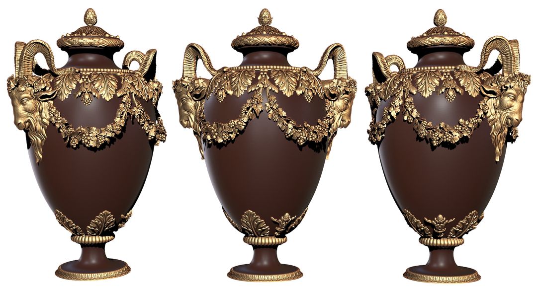 Classical Decorative Urn with Ram Heads and Garlands – Gold and Brown