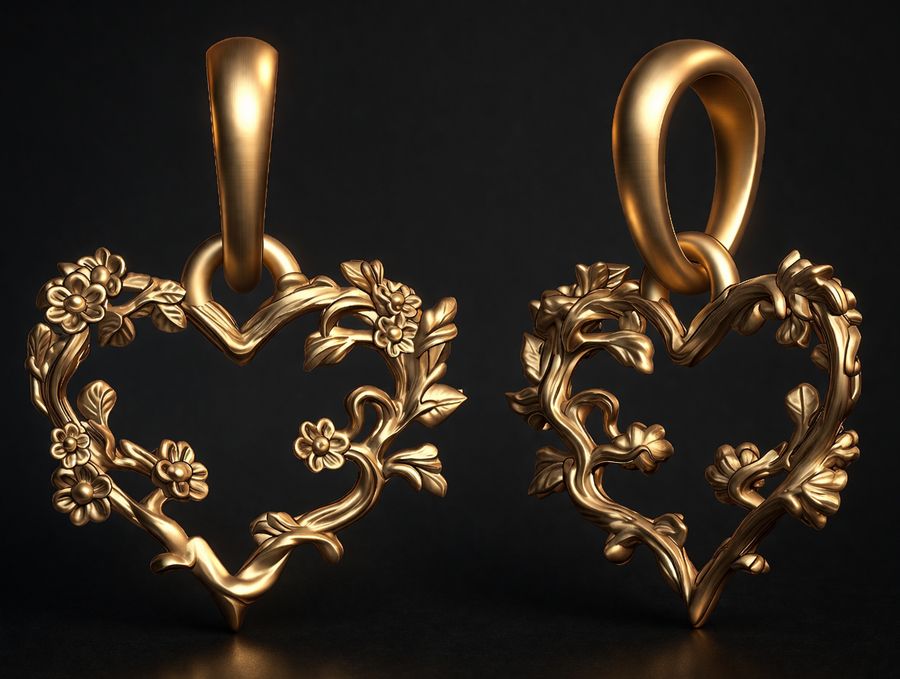 Floral Heart Pendant with Twisted Branches – Gold