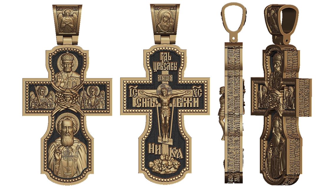 Orthodox Cross Pendant with Saints and Prayers – Gold and Blackened