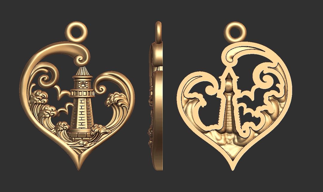 Heart Pendant with Lighthouse and Waves – Gold