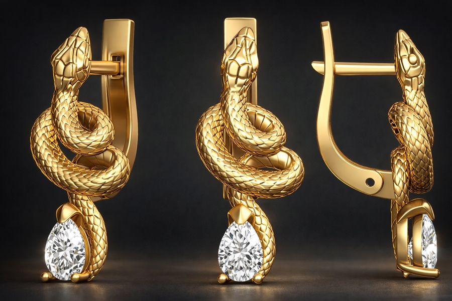 Snake Stud Earrings with Pear-Shaped Gemstones – Gold